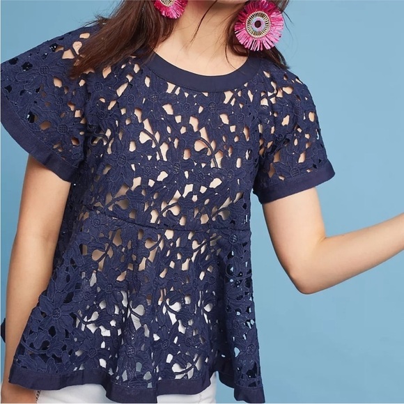 Eri+Ali Anthropologie Navy Floral Lace Blouse - Picture 1 of 8
